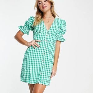 Influence V-neck button down mini dress in gingham green